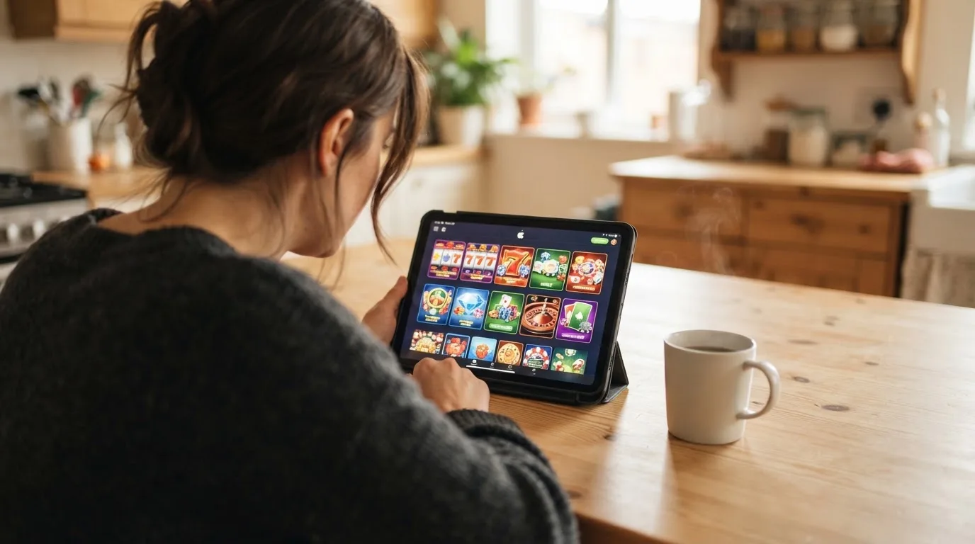 Een persoon bekijkt op een tablet een overzicht van casinospellen aan een keukentafel, met een kop koffie ernaast.