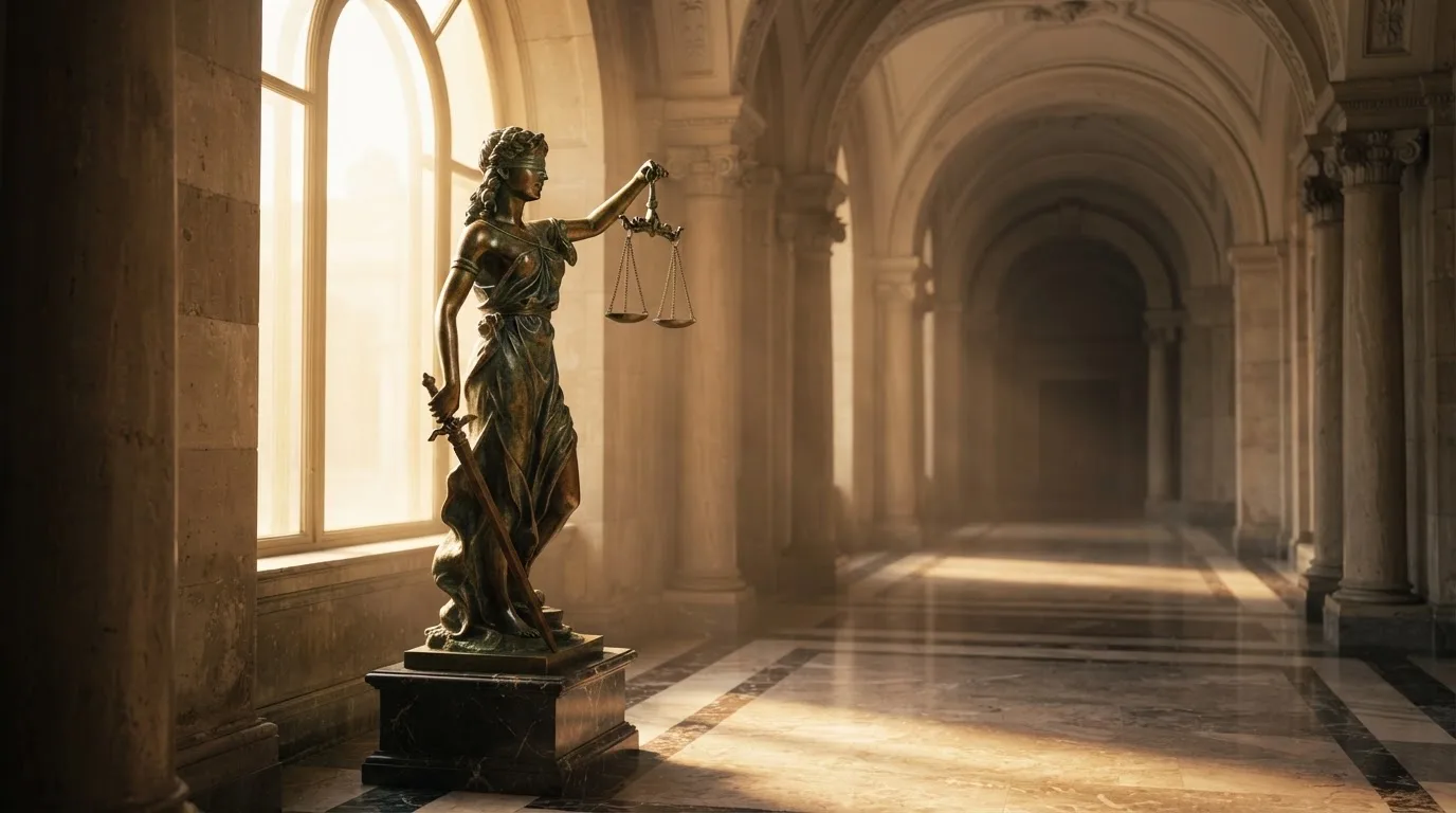 Een bronzen vrouwe Justitia met weegschaal staat voor een grote raampartij in een statig gerechtsgebouw, met zacht ochtendlicht.