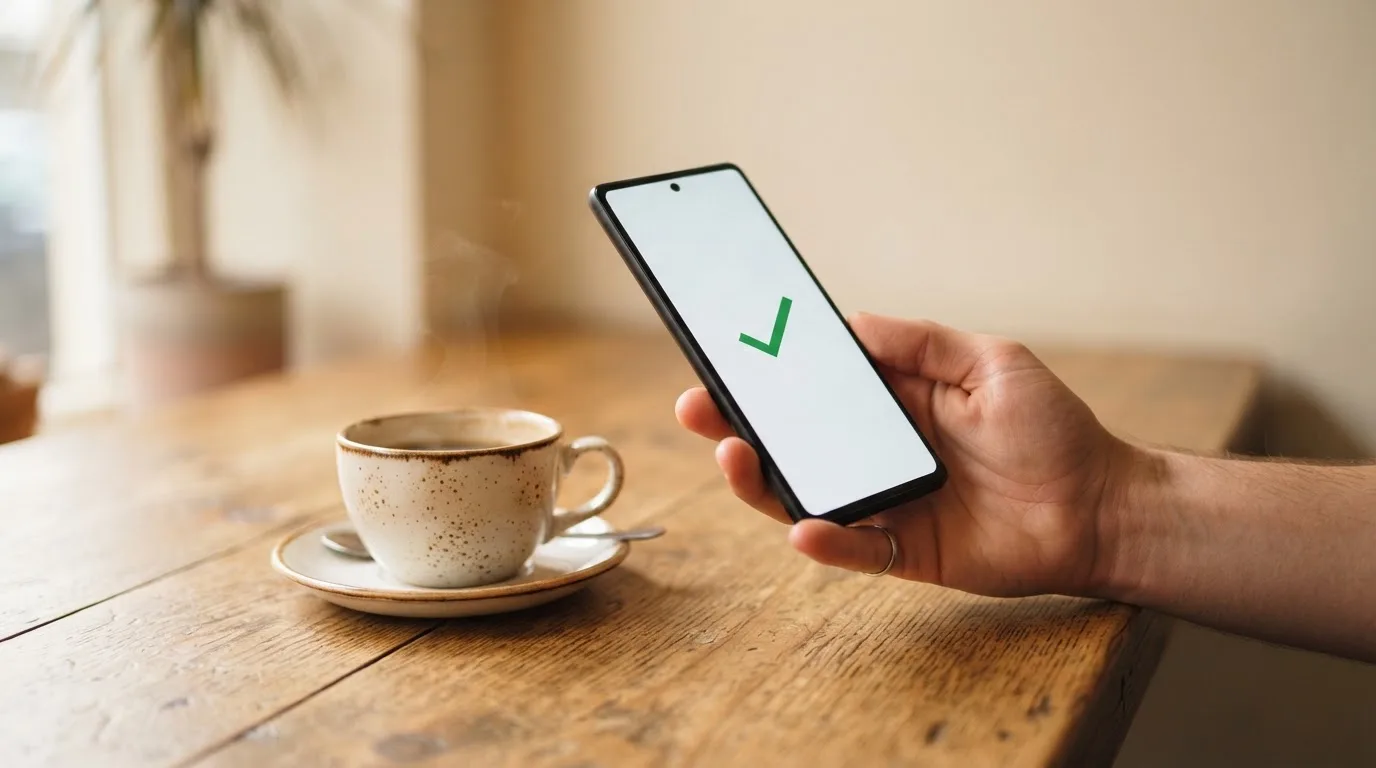 Een hand houdt een smartphone vast boven een houten tafel met een kopje koffie ernaast, in zacht daglicht.