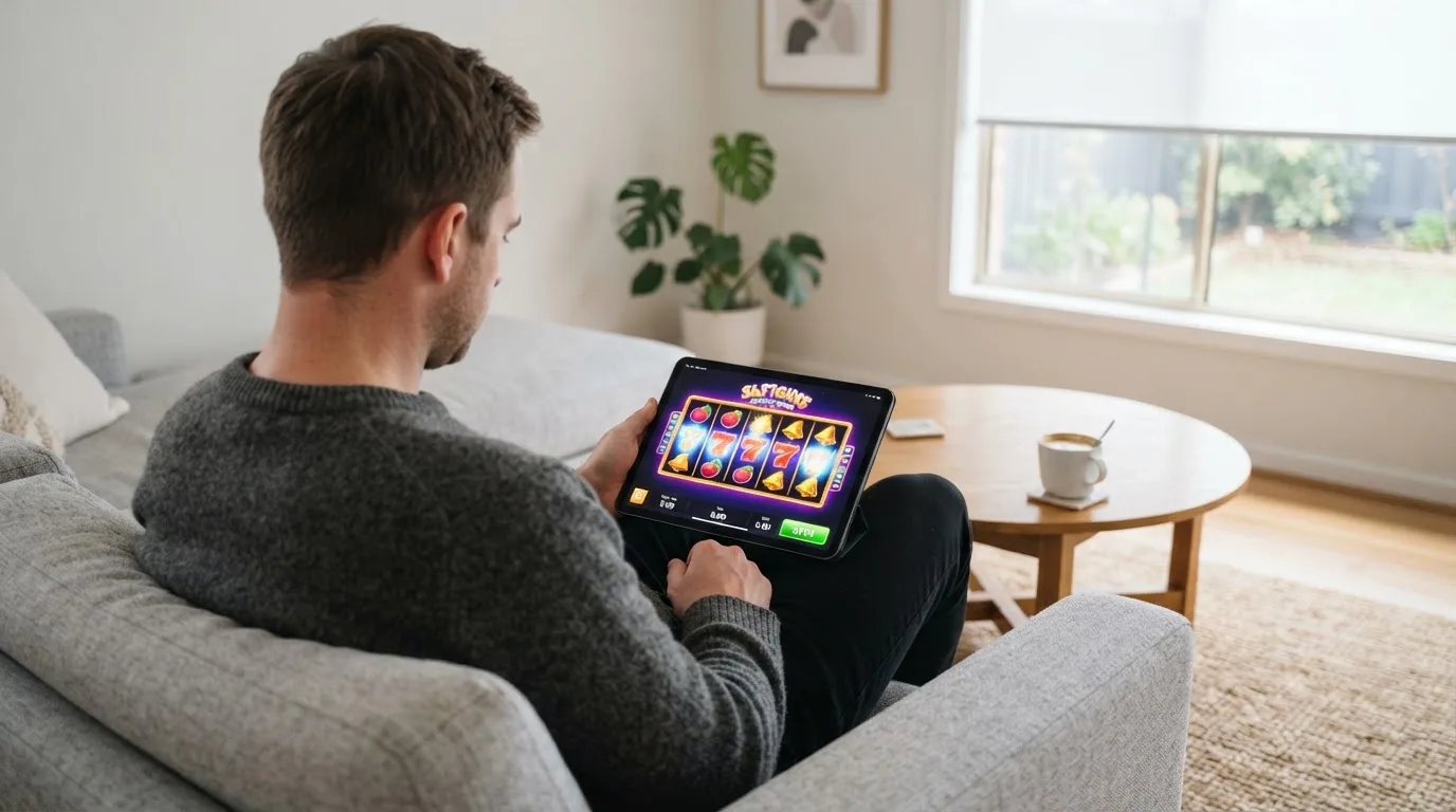 Een man bekijkt ontspannen een tablet op de bank in een lichte woonkamer met een kop koffie op de salontafel.