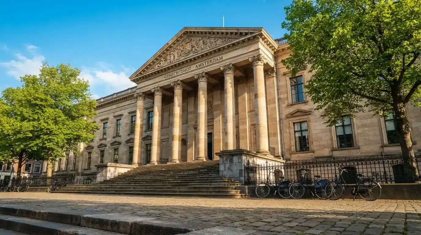 Een klassiek gerechtsgebouw met hoge zuilen staat onder een blauwe lucht in een Nederlandse binnenstad.