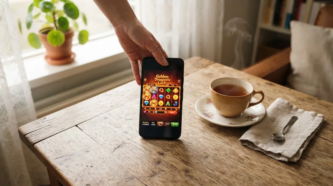 Een hand houdt een smartphone vast boven een houten tafel met een kopje thee ernaast, in zacht daglicht.