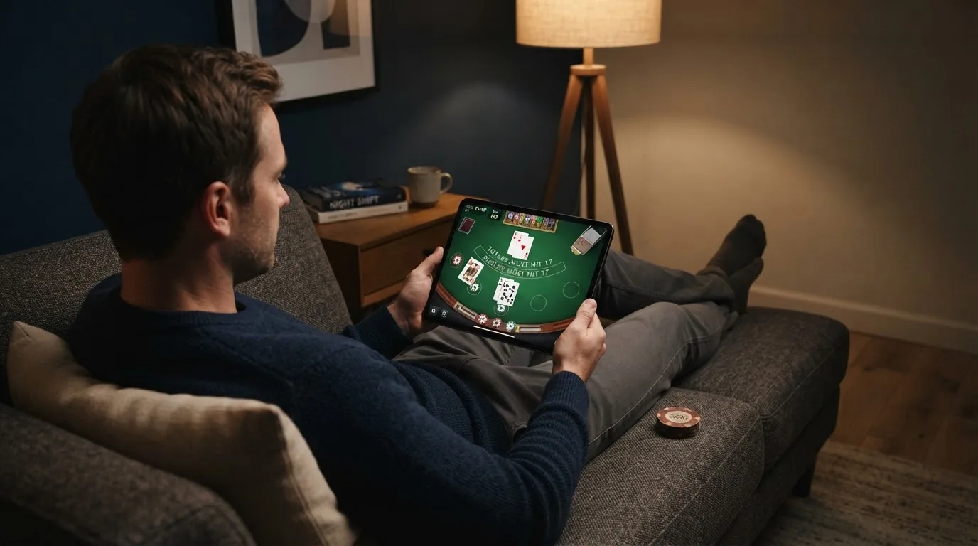 Een man bekijkt laat op de avond een tablet op de bank, verlicht door een staande lamp in een rustige woonkamer.