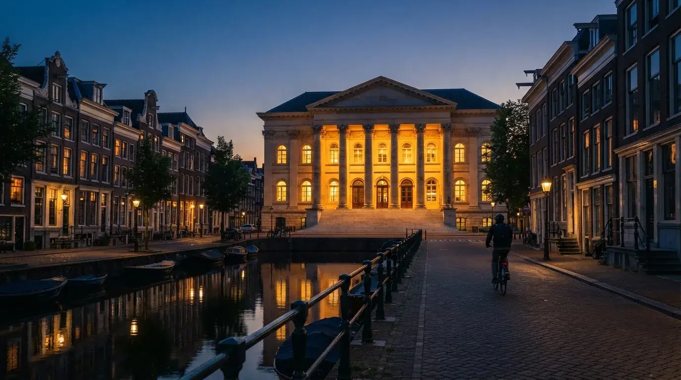 Een statig gerechtsgebouw met verlichte zuilen staat in de avondschemering in een Nederlandse stad.
