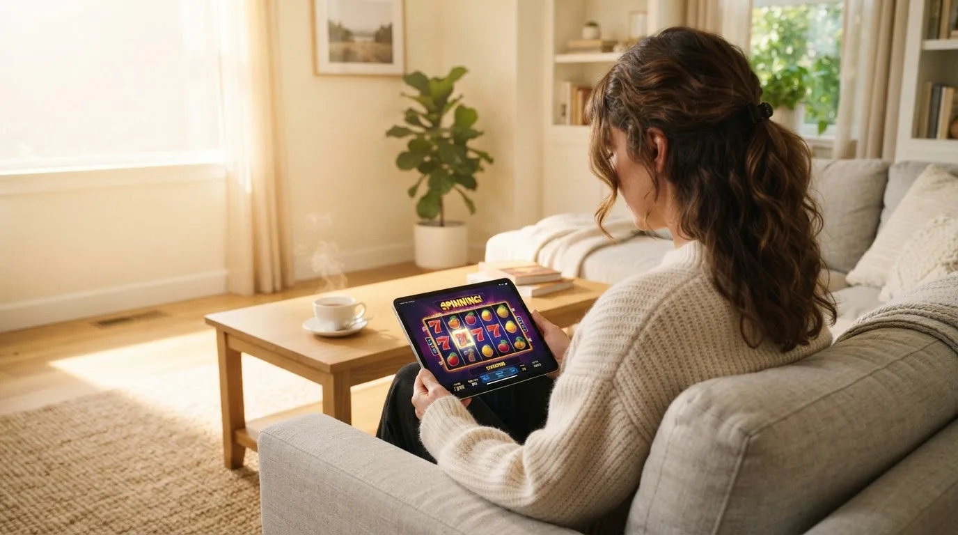 Een vrouw bekijkt ontspannen een tablet op de bank in een lichte woonkamer met een kop thee op de salontafel.