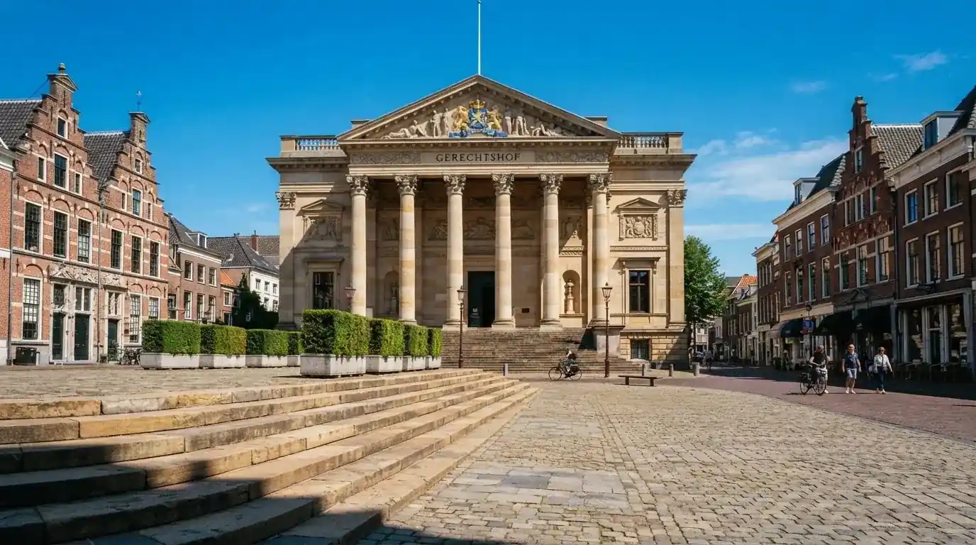 Een klassiek gerechtsgebouw met hoge zuilen staat onder een blauwe lucht in een Nederlandse binnenstad.