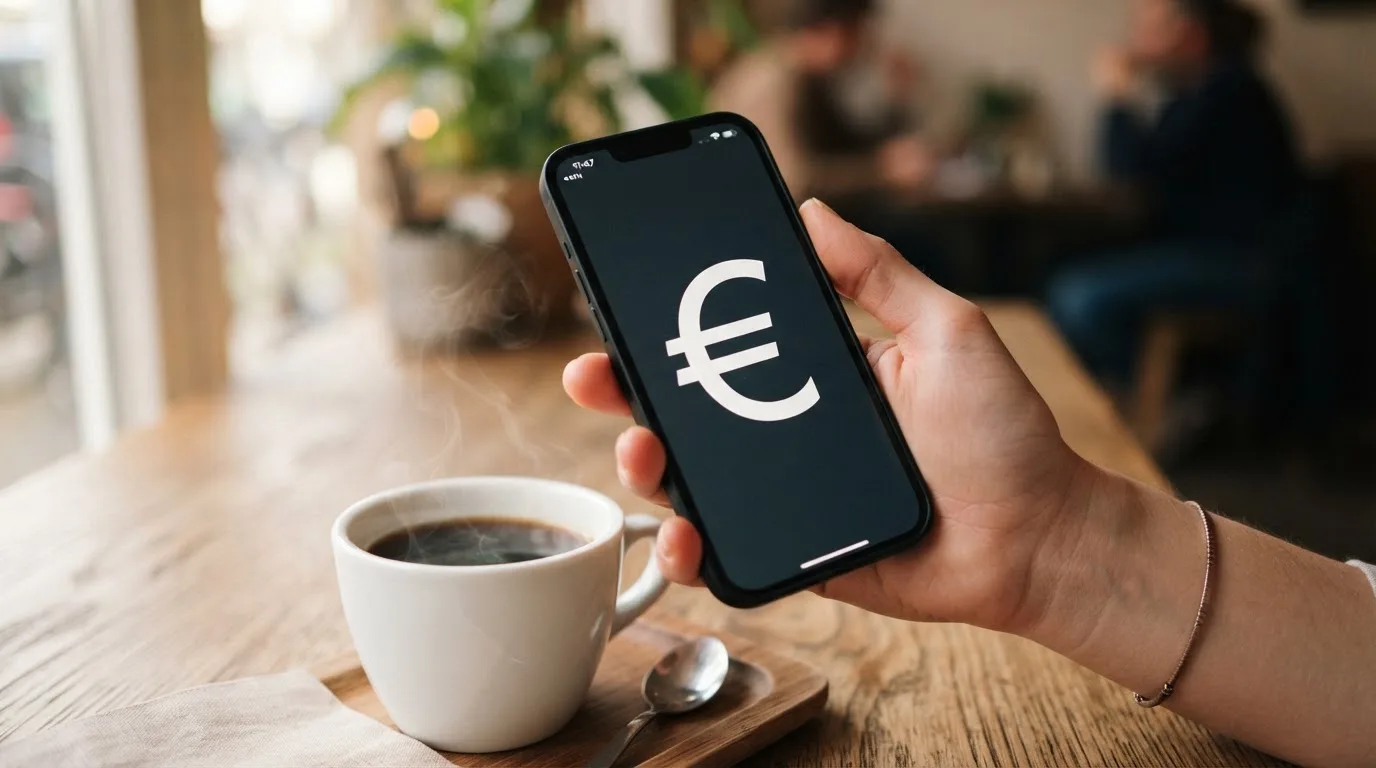 Een hand houdt een smartphone vast boven een houten tafel met een kopje koffie ernaast, in zacht daglicht.