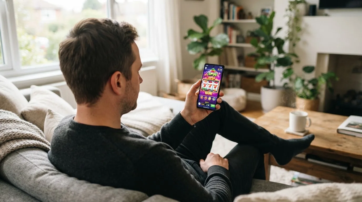 Een man bekijkt ontspannen zijn telefoon op de bank in een lichte woonkamer met een kop koffie op de salontafel.
