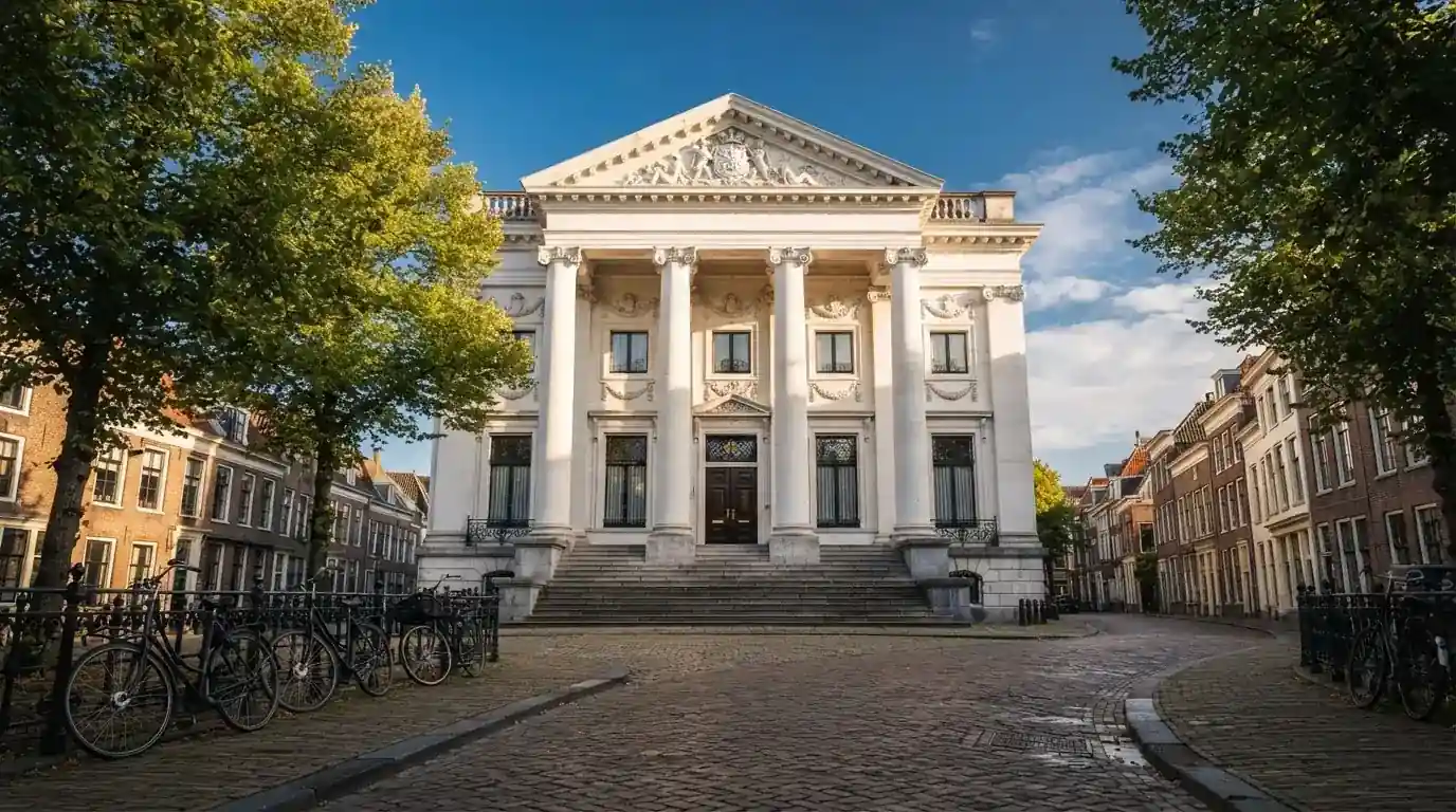 Een klassiek gerechtsgebouw met zuilen staat onder een blauwe lucht in een rustige Nederlandse stad.