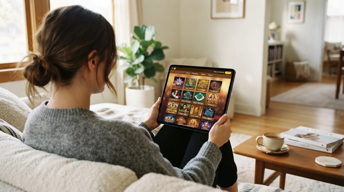 Een vrouw bekijkt ontspannen een tablet op de bank in een lichte woonkamer met een kop thee op de salontafel.