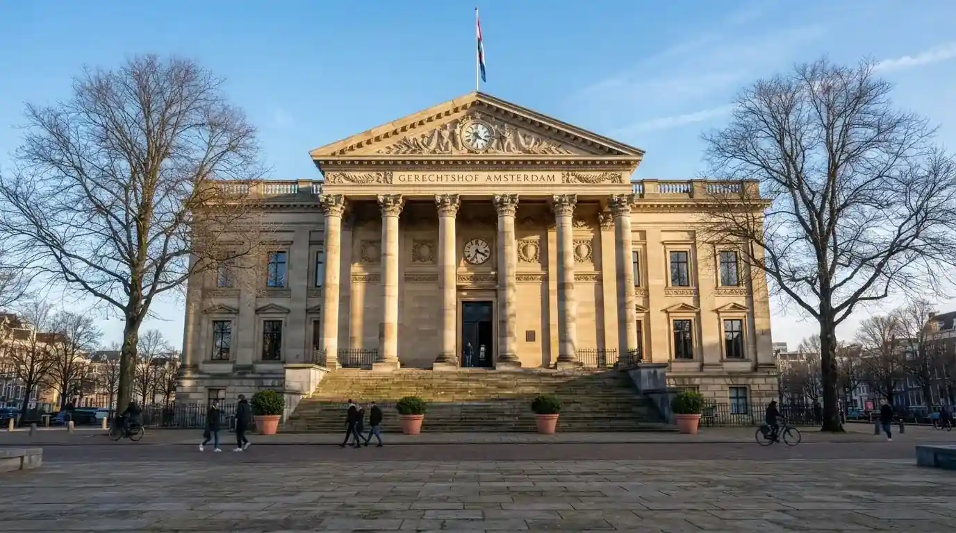 Een klassiek gerechtsgebouw met hoge zuilen staat onder een heldere hemel in een Nederlandse stad.