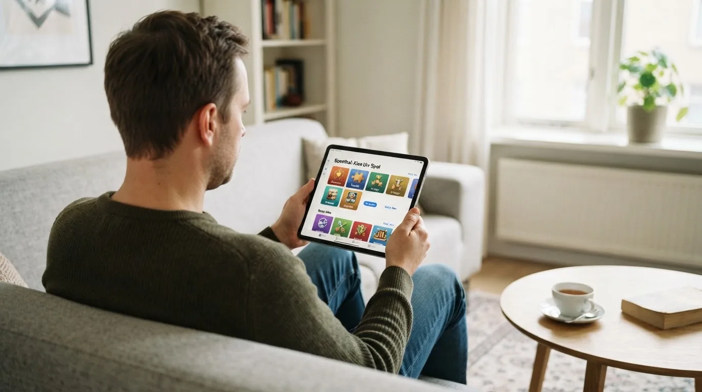 Een man bekijkt ontspannen een tablet op de bank in een lichte woonkamer met een kop thee op de salontafel.