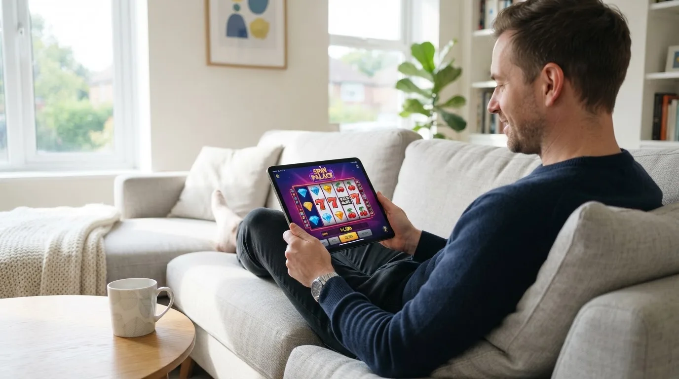 Een man bekijkt ontspannen een tablet op de bank in een lichte woonkamer met een kop koffie op de salontafel.