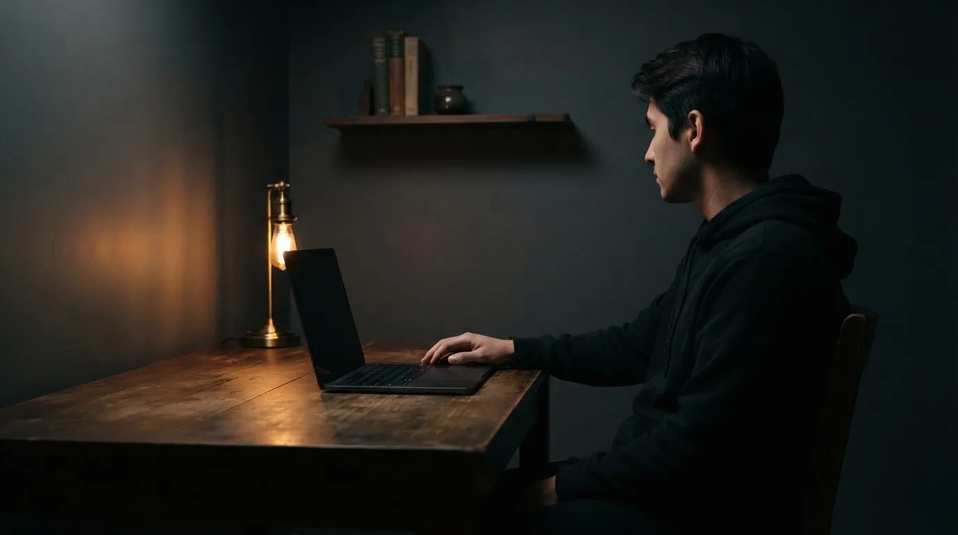 Een persoon zit alleen aan een bureau en kijkt peinzend naar een laptop met het scherm uit, in gedimd licht.