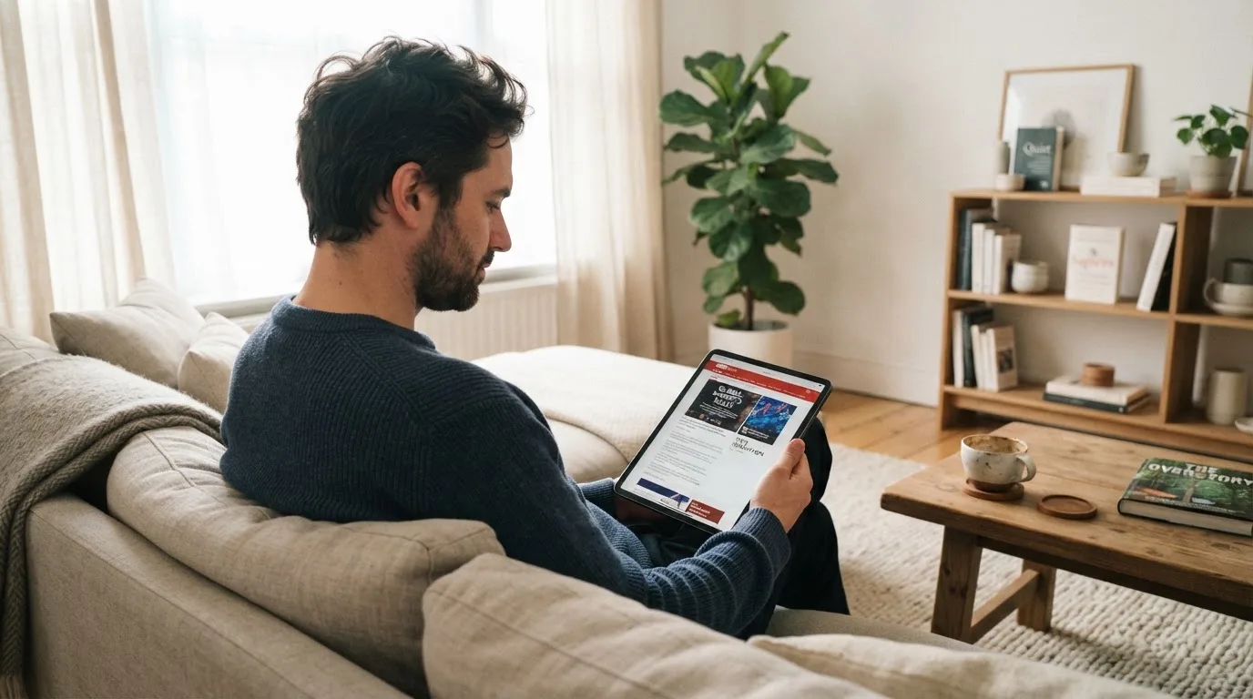 Een man bekijkt ontspannen een tablet op de bank in een lichte woonkamer met een kop koffie op de salontafel.