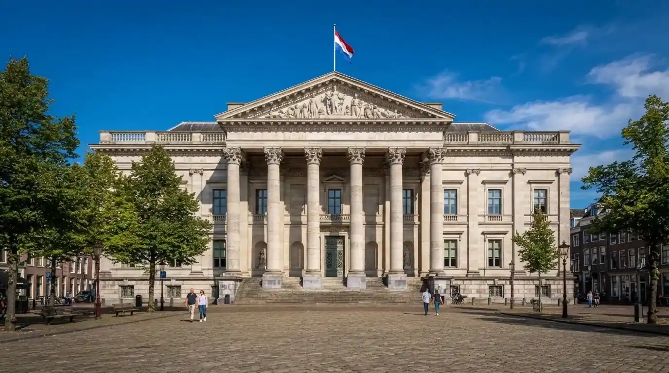 Een klassiek gerechtsgebouw met hoge zuilen staat onder een heldere hemel in een Nederlandse stad.