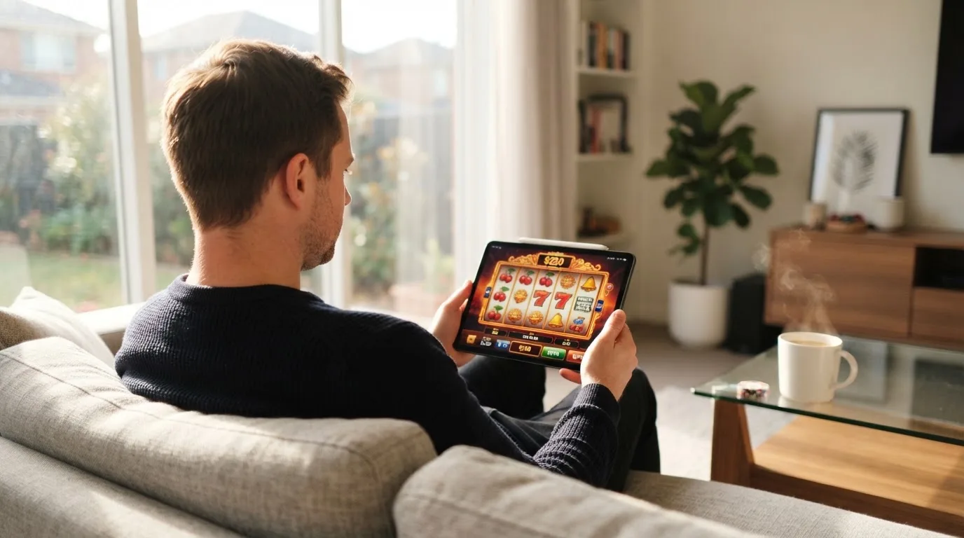 Een man bekijkt ontspannen een tablet op de bank in een lichte woonkamer met een kop koffie op de salontafel.