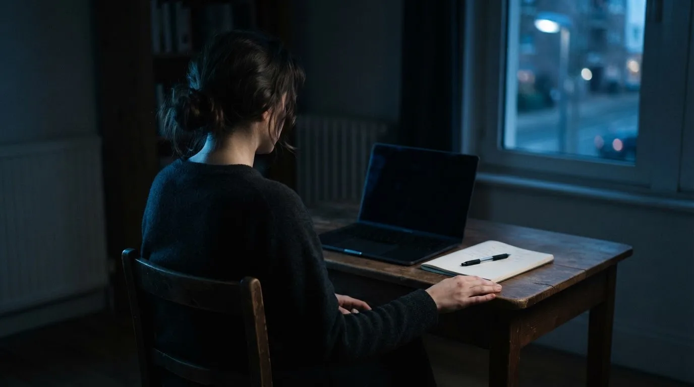 Een persoon zit alleen aan een bureau en kijkt peinzend naar een laptop met het scherm uit, in gedimd licht.