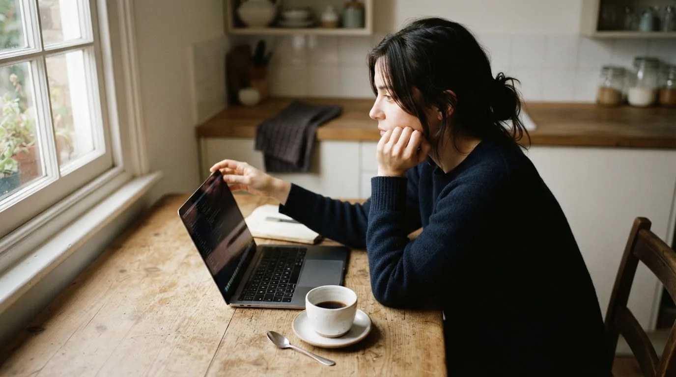 Een persoon zit alleen aan een keukentafel en kijkt peinzend naar een laptop, met een kop koffie ernaast in het vroege ochtendlicht.