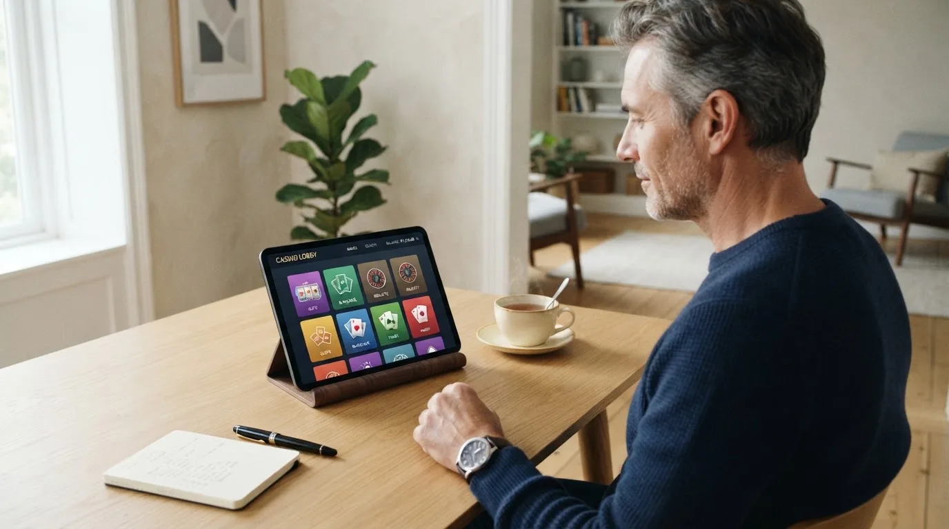 Een man zit aan een bureau in een lichte woonkamer en kijkt naar het scherm van een tablet die naast een kop thee ligt.