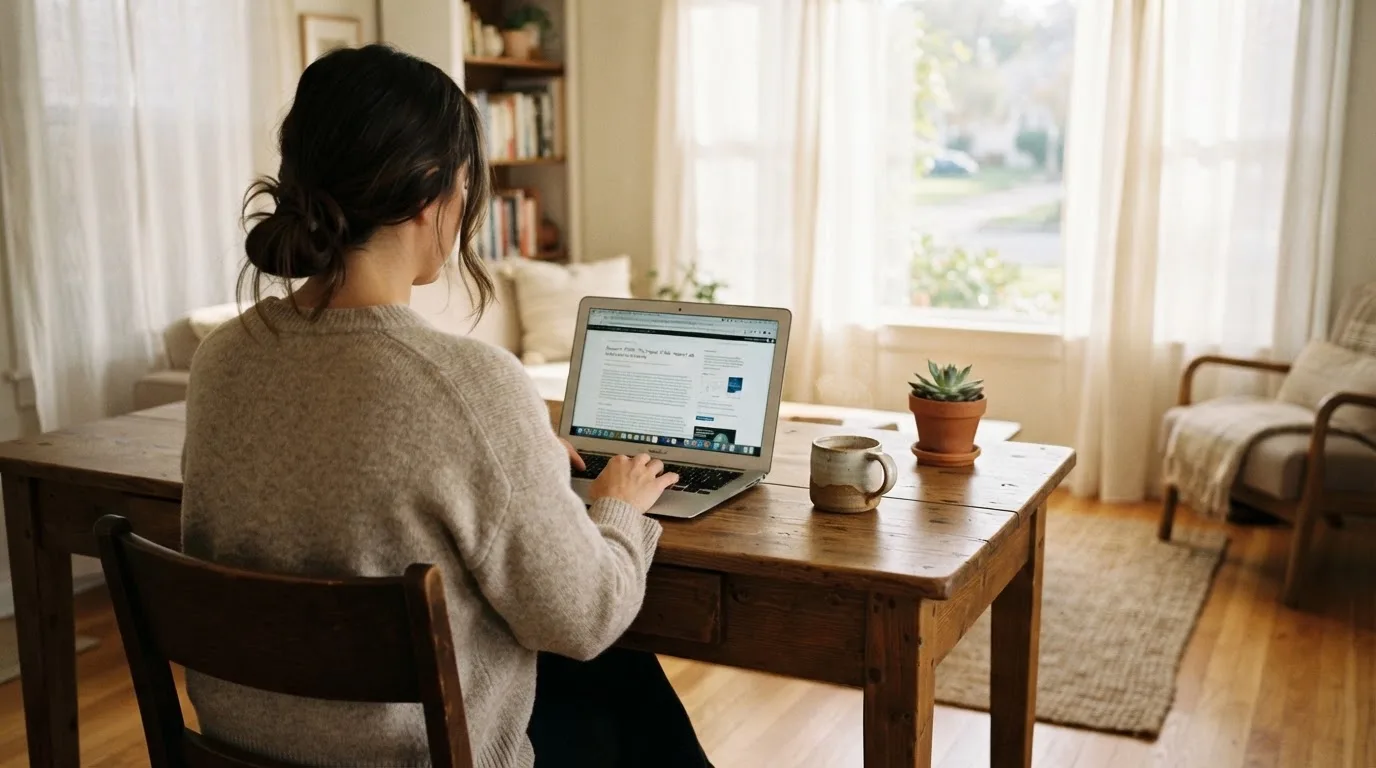 Een vrouw zit aan een houten bureau en bekijkt rustig het scherm van een laptop in een lichte woonkamer.