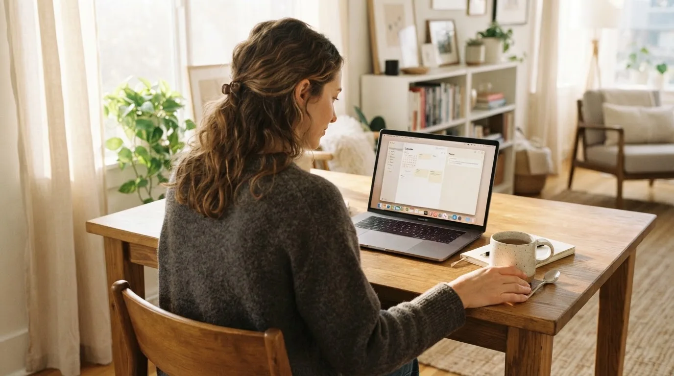 Een vrouw zit aan een houten bureau en bekijkt rustig het scherm van een laptop in een lichte woonkamer.