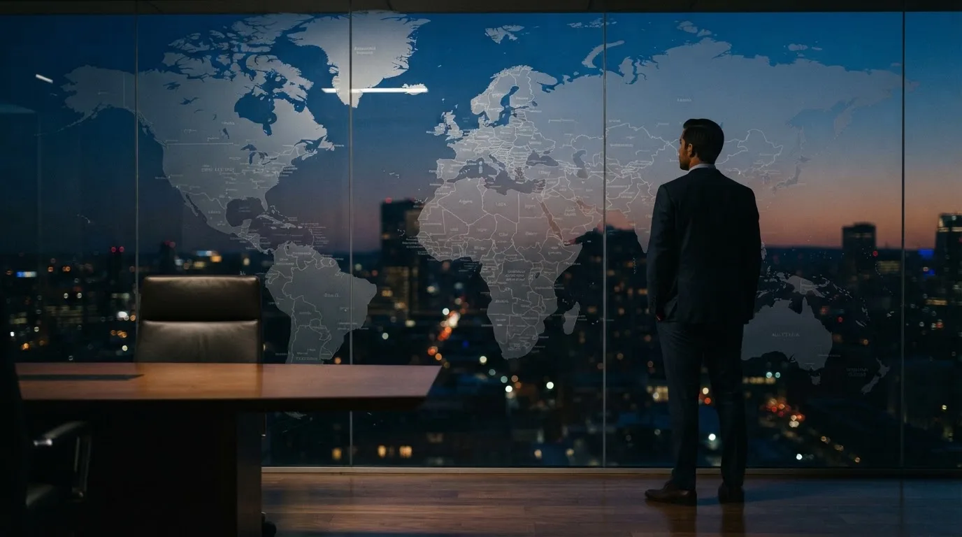 Een jurist in kostuum staat voor een grote glazen wand met een wereldkaart in een modern kantoor tijdens de avondschemering.