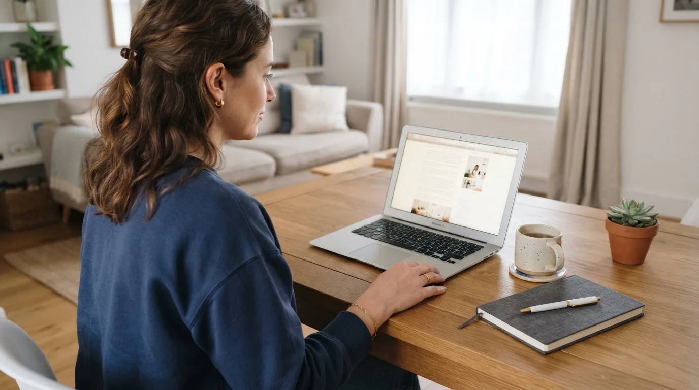 Een vrouw zit aan een houten bureau en bekijkt rustig het scherm van een laptop in een lichte woonkamer.