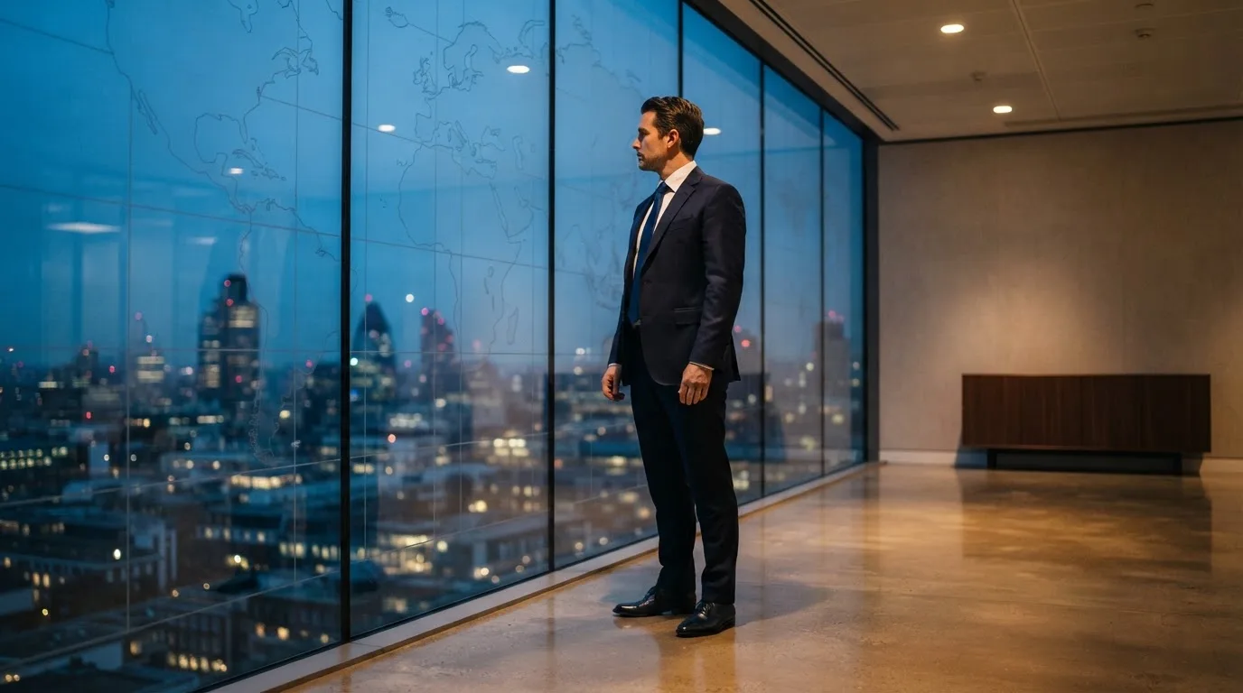 Een jurist in kostuum staat voor een grote glazen wand met een wereldkaart in een modern kantoor tijdens de avondschemering.