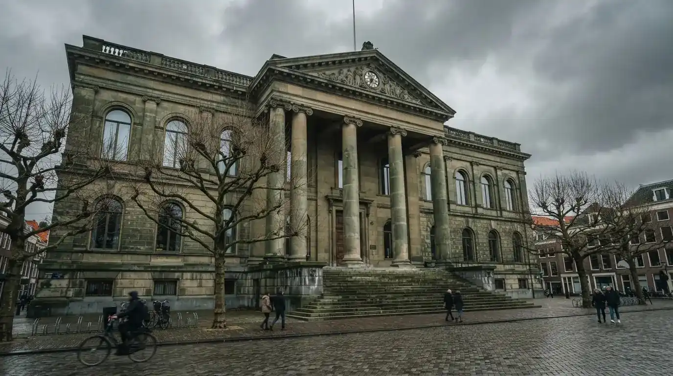 Een statig gerechtsgebouw met zuilen staat onder een bewolkte lucht in een Nederlandse stad.