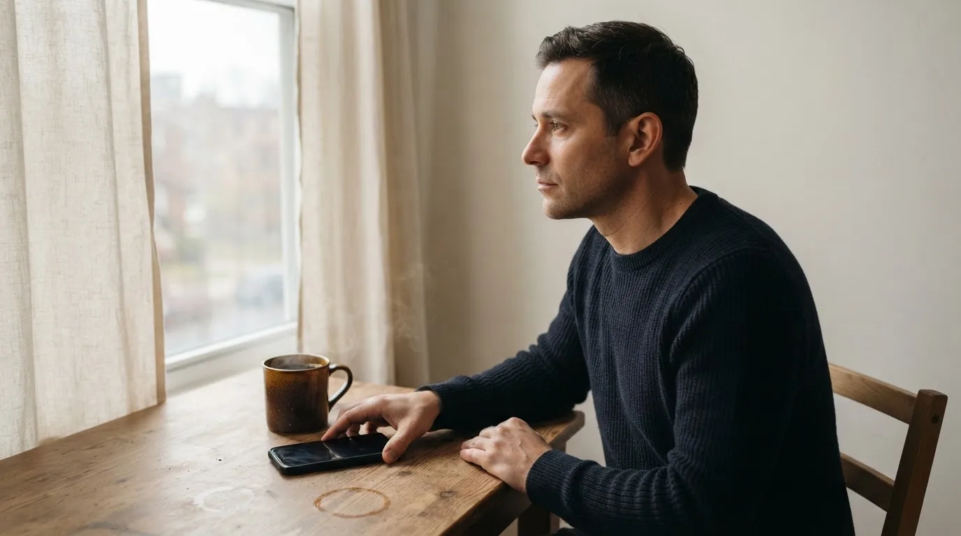Een man legt zijn telefoon rustig weg en kijkt uit het raam met een kop koffie op tafel.