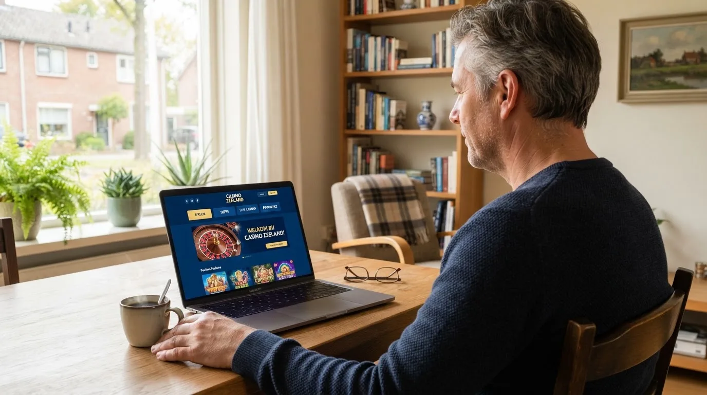Een man zit thuis aan tafel met een kop koffie en bekijkt rustig zijn laptop.