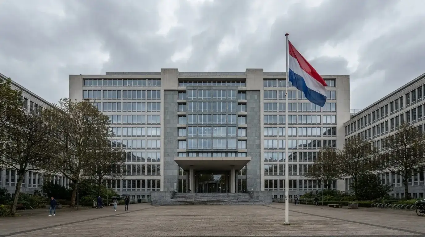 Een statig kantoorgebouw met een Nederlandse vlag ervoor onder een bewolkte hemel.