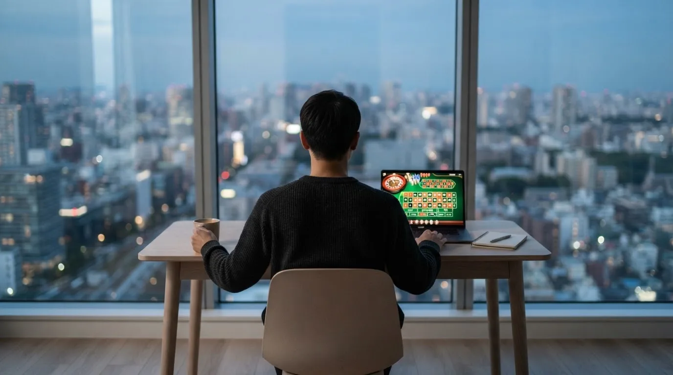 Een persoon zit peinzend aan een bureau en kijkt naar buiten door een groot raam.