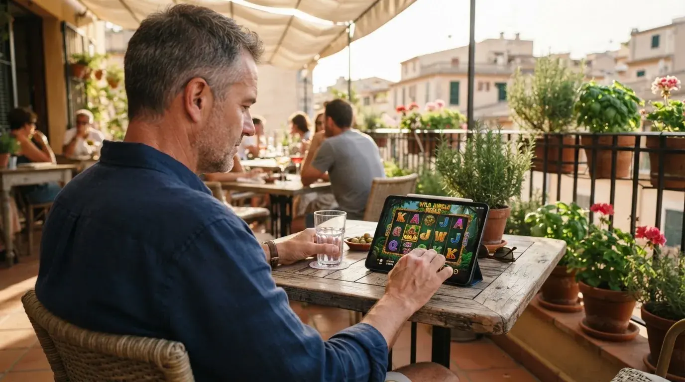 Een man zit ontspannen op een terras met een tablet en een glas water op tafel.