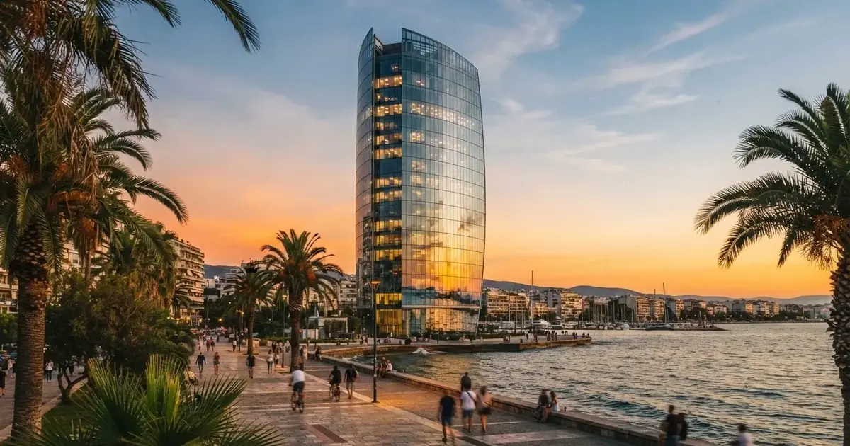 Een modern kantoorgebouw met een glazen gevel staat aan een mediterrane kustlijn.