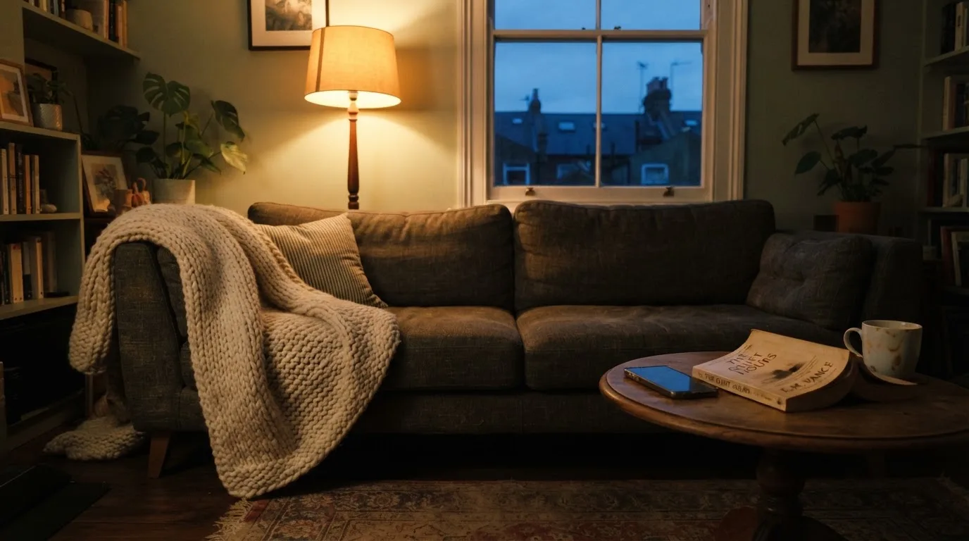 Een gezellige huiskamer met zacht avondlicht en een opengeslagen deken op de bank.