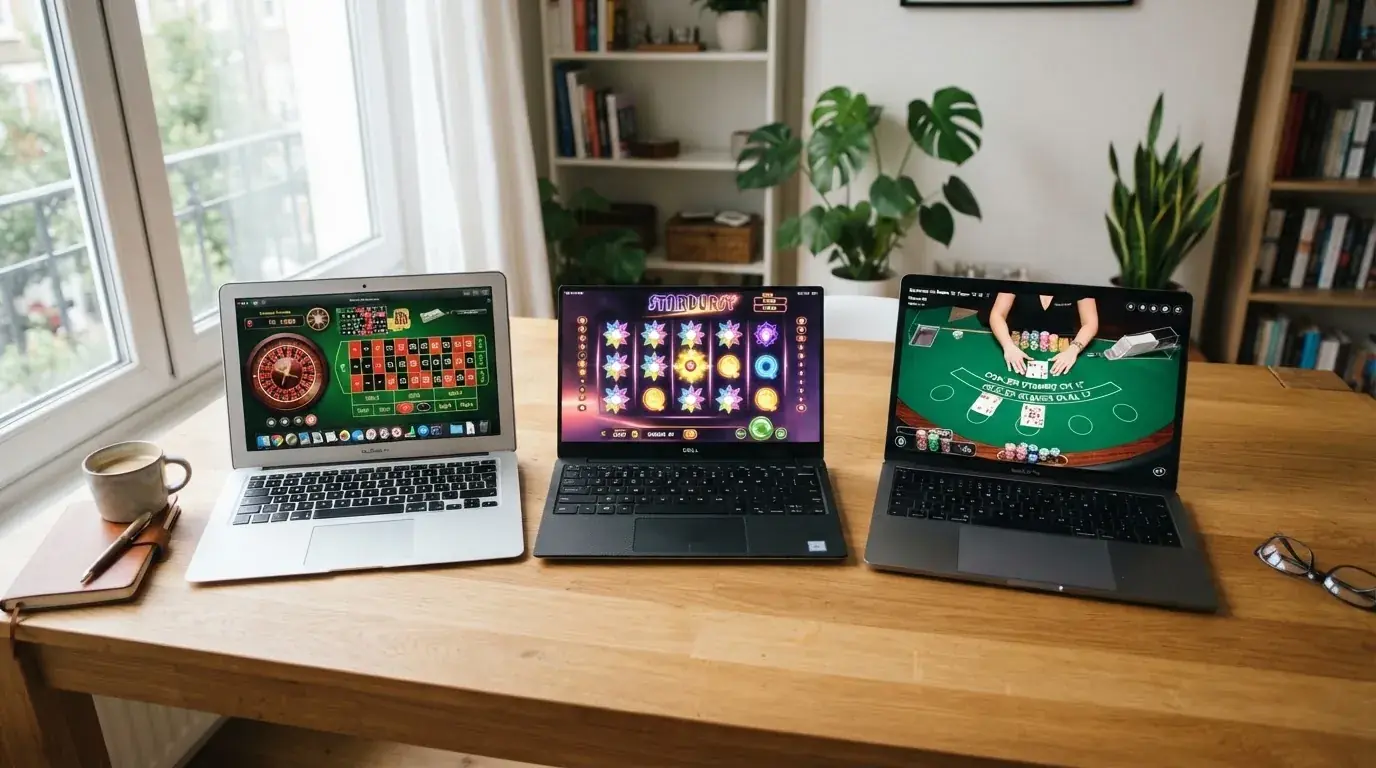 Verschillende laptops staan naast elkaar open op een grote werktafel in daglicht.