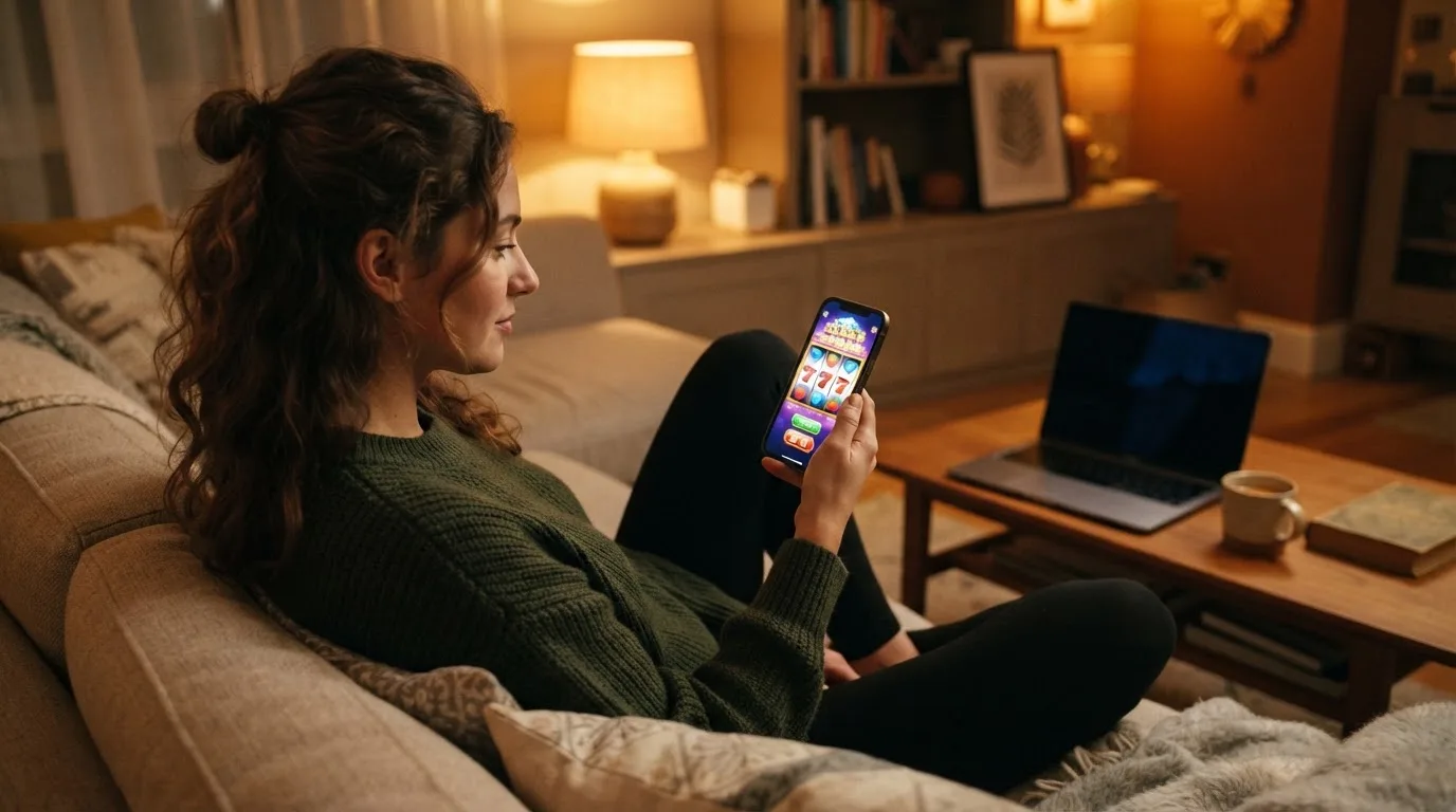 Een jonge vrouw zit ontspannen op de bank met een smartphone in haar hand, terwijl een laptop met onscherp scherm op de salontafel staat.