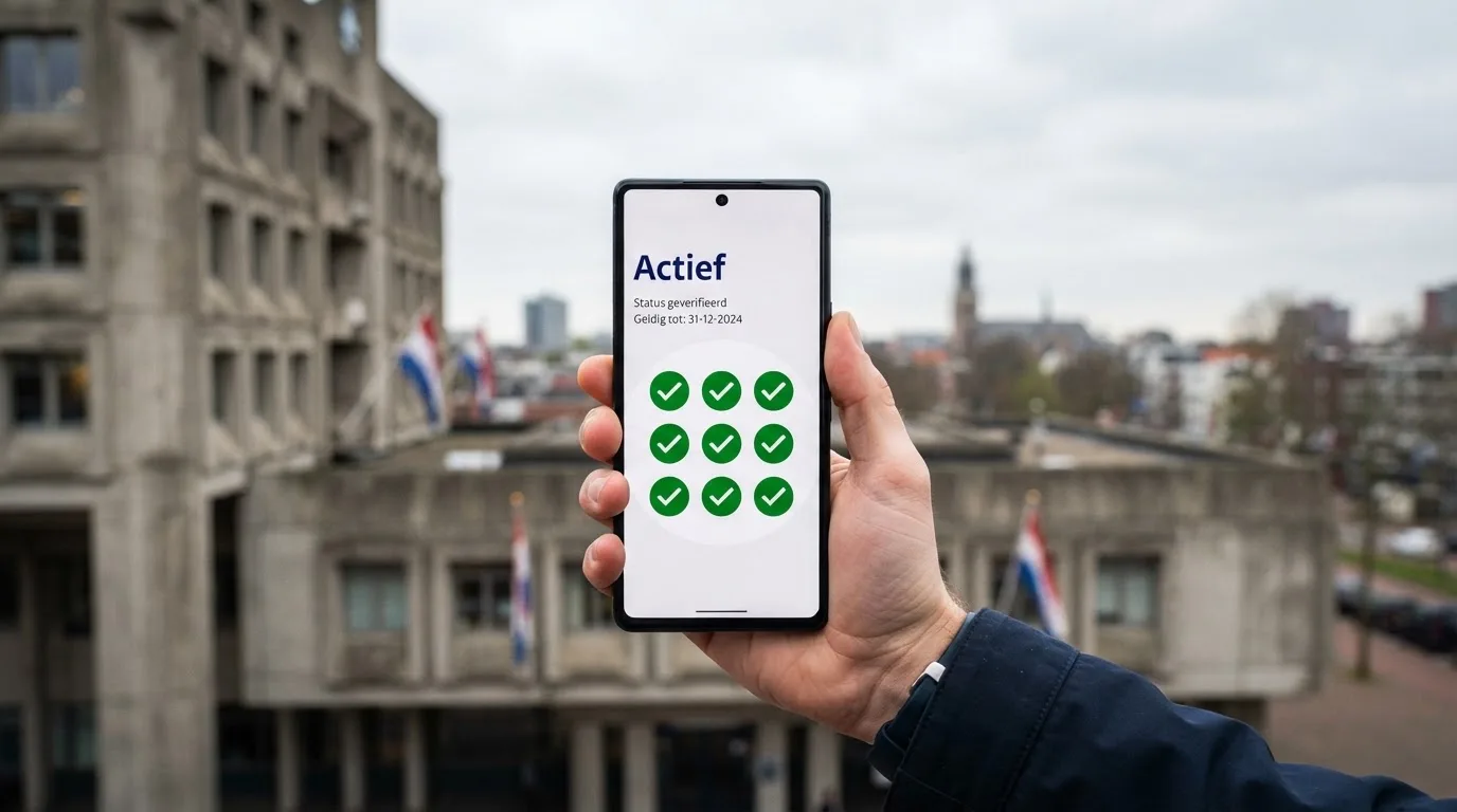 Een close-up van een hand die een smartphone vasthoudt buiten voor een grijs kantoorgebouw, met een wazige skyline van een Nederlandse stad op de achtergrond.