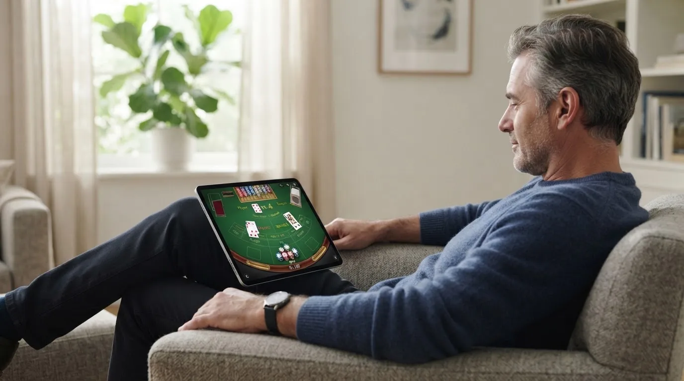 Een man leunt achterover op een stoel met een tablet op schoot, in een lichte woonkamer met planten op de achtergrond.