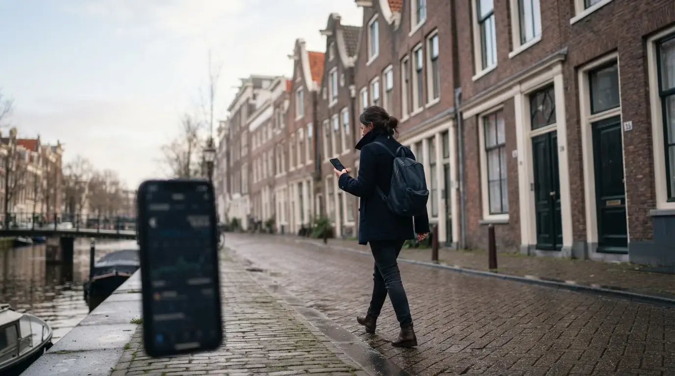 Een persoon loopt met een telefoon in de hand langs een grachtenpand in een Nederlandse stad, met wazige gevels op de achtergrond.