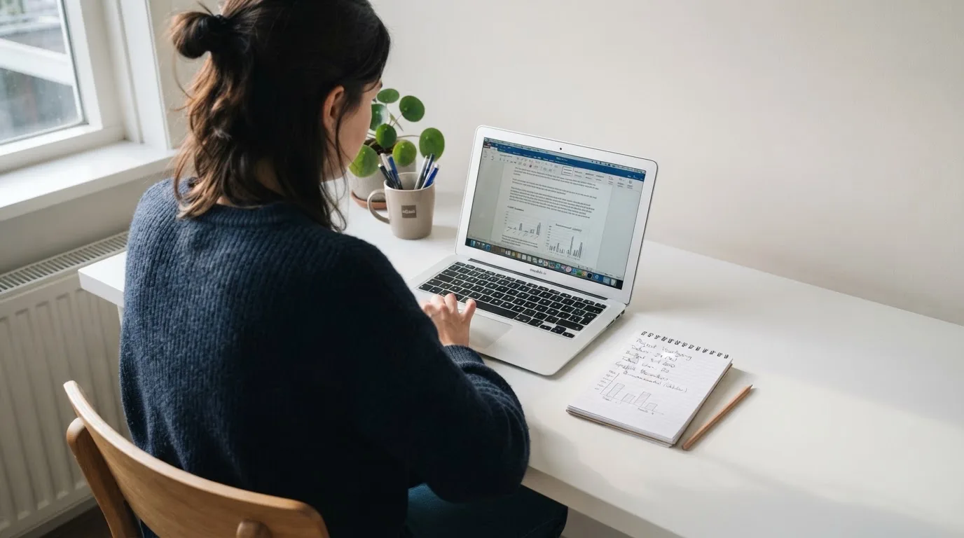 Een persoon zit aan een bureau thuis met een laptop en een notitieblok in daglicht.