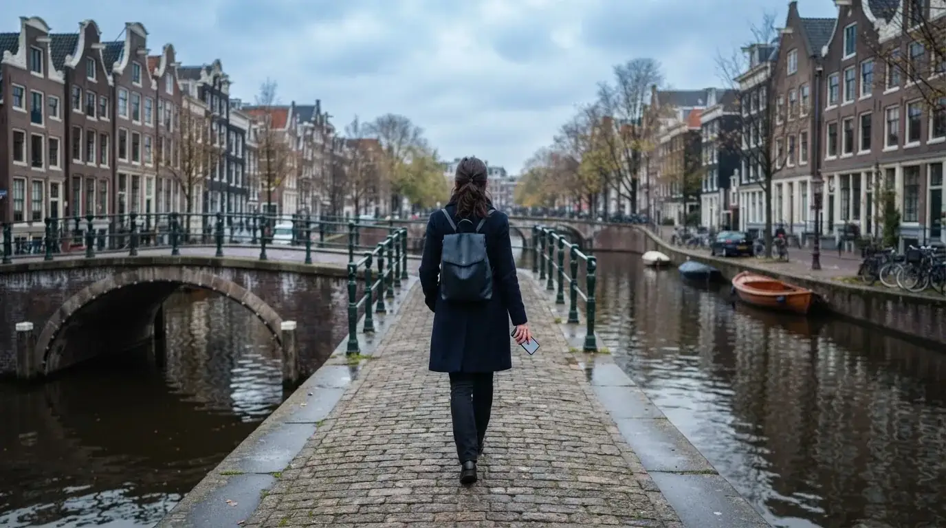 Een volwassene loopt over een brug in een Nederlandse stad met een telefoon in de hand.