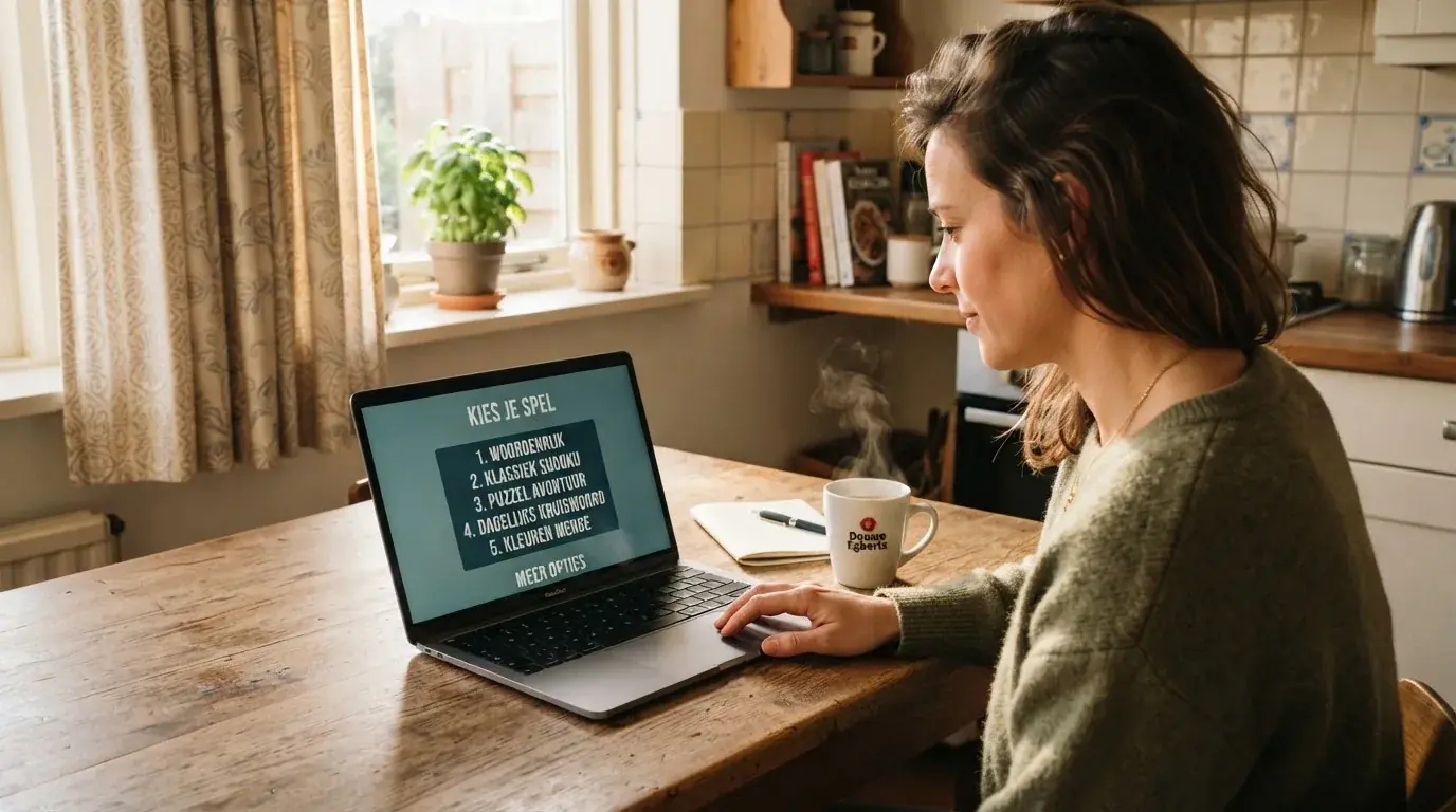 Een vrouw bekijkt rustig op haar laptop de opties voor online spelen aan de keukentafel, met een kopje koffie ernaast.