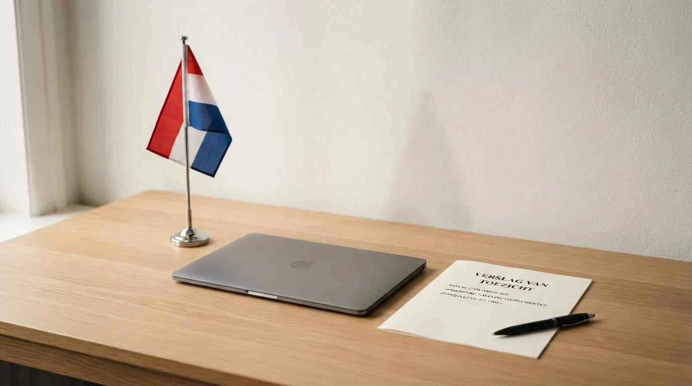 Een bureau met een Nederlandse vlag op een standaard naast een gesloten laptop, symbool voor regelgeving en toezicht op kansspelen.