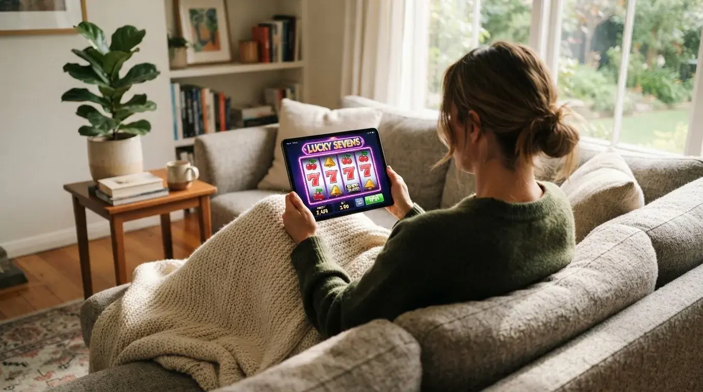 Iemand bekijkt ontspannen een tablet op de bank in een lichte woonkamer, met een plaid over de knieën.