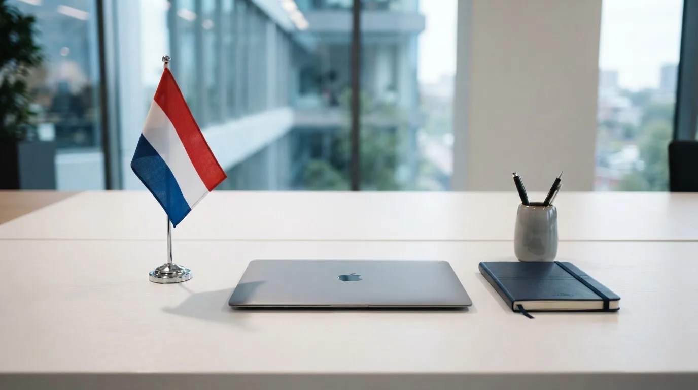 Een kantoorbureau met een Nederlandse vlag op een voetstuk naast een dichte laptop.