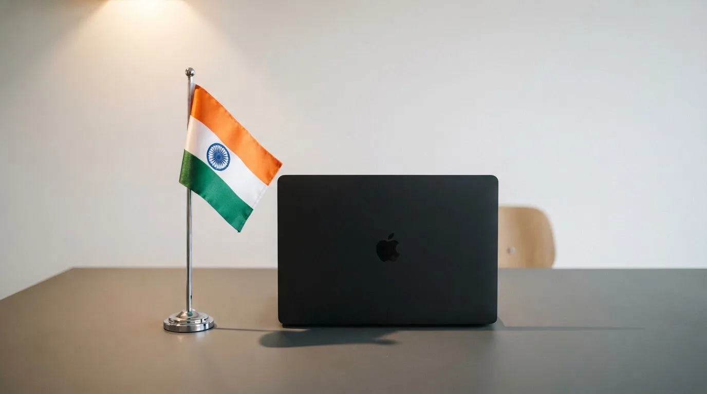 Een kantoorbureau met een Nederlandse vlag op een voetstuk naast een gesloten laptop.