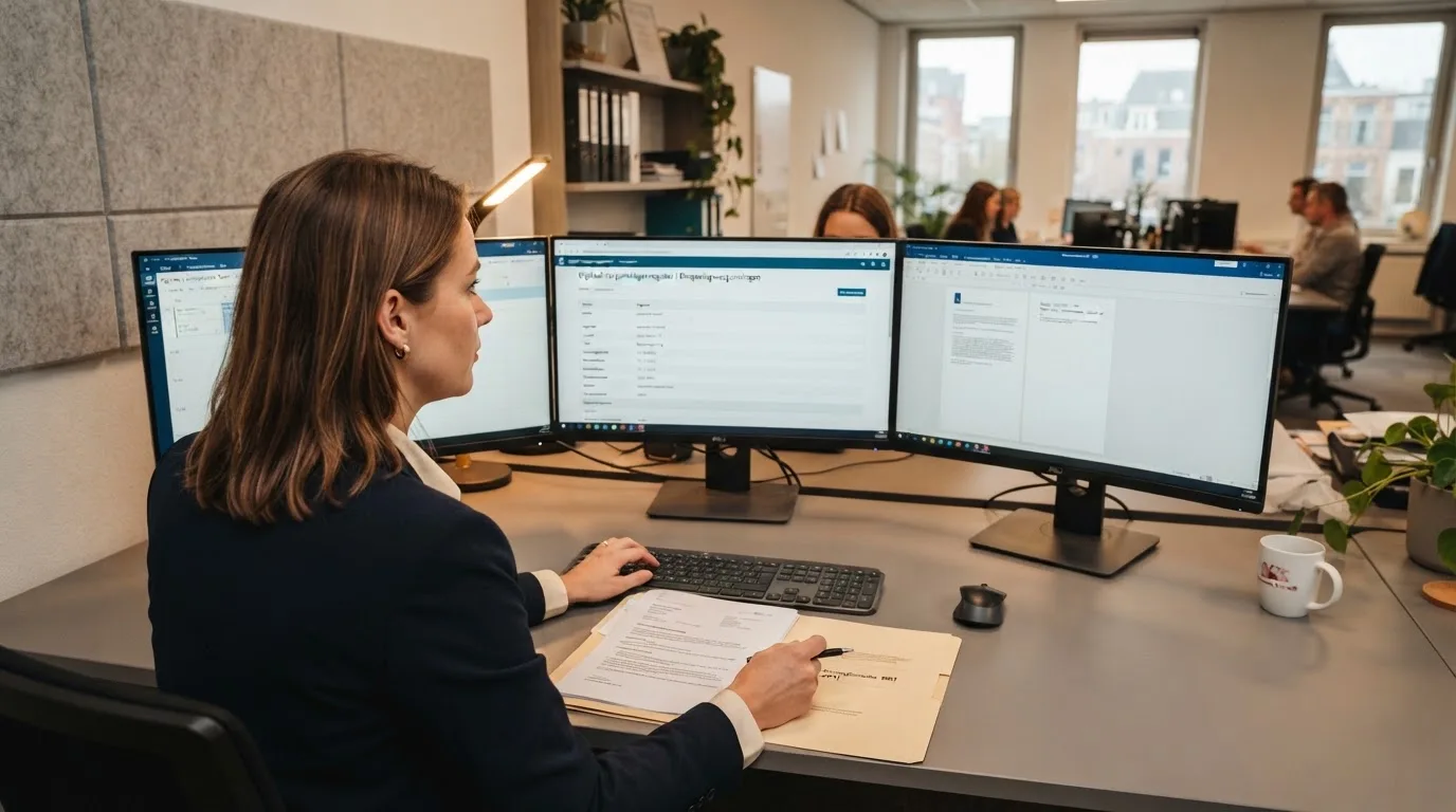 Een medewerker van een toezichthoudende instantie werkt achter een bureau met meerdere monitoren in een professioneel kantoor.